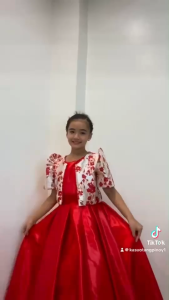 RED BROCADE FILIPINIANA BOLERO AND HEAVY SATIN DRESS FOR KIDS