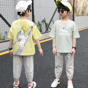 Summer Spring 2024 New Clothes Teenage Boys Sets T Shirt And Long Pants Kids Clothing Set Boy Short Sleeves Shirt Suits Yellow Green Striped 2 Pieces Set For Boy