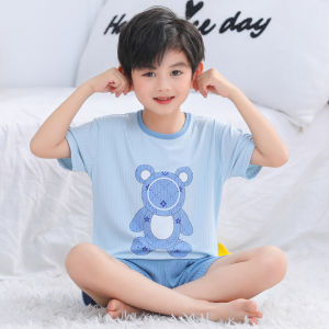 ชุดนอนเด็กชายผ้าไหมน้ำแข็งแขนสั้น กางเกงขาสั้น ชุดอยู่บ้านฤดูร้อน ระบายอากาศได้ดี ชุดนอนสำหรับเด็กวัยเตาะแตะ