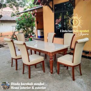 MEJA MAKAN VINTAGE SET 6 KURSI TOPTABLE FINISING CAT DUCO MOTIF MARMER MEJA KURSI MAKAN BERKUALITAS