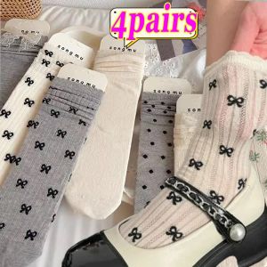 4Pairs Korean Bow Loose Long Socks Ballet Style Cotton Thin Breathable Mid-Tube Socks JK Kawaii Mesh Hollow Pile Socks for Women Girls