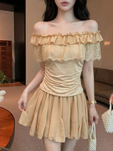 GUZILIAN | French Style Gentle One-shoulder Ruffled T-shirt A-line Skirt Set