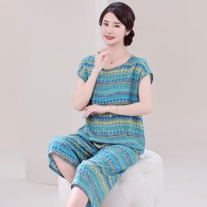 Lightweight Cotton Silk Sleepwear Womens Overhead Home Clothes Summer Thin Plant Floral Print round Neck Sleeveless Nightgown