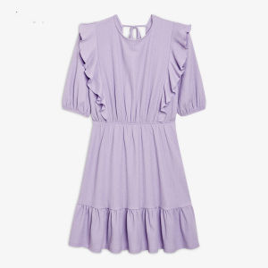 ชุดเดรสสั้นคอตั้งแขนสั้นทรงเข้ารูปเอวสูงสำหรับผู้หญิง ชุดเดรสฤดูใบไม้ร่วงสีพื้นแขนสั้นเอวเข้ารูป ชุดเดรสแฟชั่นฤดูใบไม้ร่วง