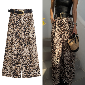 UNIZERA Leopard Satin with Belt High Waisted Trousers Wide Leg Pants Womens Clothing 2025 Summer New Arrivals Casual Pants