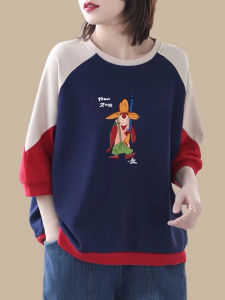 Pure Cotton Round Neck T-Shirt: Women's Summer Casual Loose Sleeve Printed Splice Color Large Size Full Cotton Upper Apparel