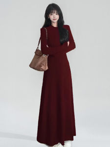 French Style Knitted Red Dress Womens Base Layer Long Skirt Autumn Winter New Years Fashion Sweet High Waist Cotton Dress