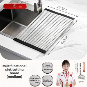 Multifunctional Folding 304 Stainless Steel Cutting Board Kitchen Sink Drain Rack Wash Basin Cutting Board Slip Resistant Long Rectangle
