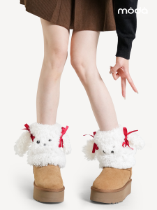 Thickened Plush Teddy Dog Socks Covers Women Winter Warm Leggings for Snow Boots Cute Girl Nylon Mid-Calf Socks Butterfly Knot