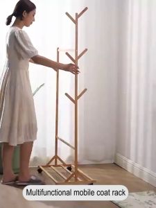 LACCOHUG Bamboo Clothes Rack 50/60/80/100CM Movable 4 Wheels Penyangkut Baju Rak Baju Tempat Gantung Baju 晾衣架 衣帽架