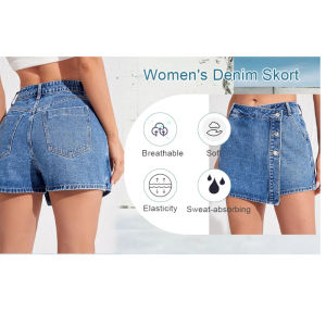 Womens High Waisted Denim Skort Asymmetric Button Detail Frayed Hem Skirt Shorts Summer Casual Streetwear Trendy Outfits