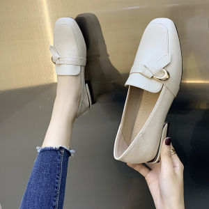 Womens Bean Shoes Spring 2025 Versatile Square Head Loafers Thick Heel Small Leather One-Touch Two-Way Wear Single Shoes
