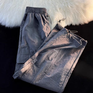 American Style Workwear Pants Women Summer Loose Trousers Quick Dry Wide Leg Pants Drawstring Cargo Trousers High Waist Long Pants