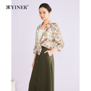 YINER | Elegant Turn-down Collar Artistic Print Silk Shirt