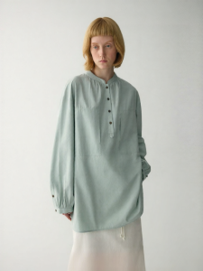 INSIS FEMME | New Chinese Style Pleated Half Placket Stand Collar Cotton Shirt