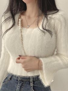 เสื้อสเวตเตอร์คอเหลี่ยมสั้นผ้าขนกระต่ายสำหรับผู้หญิง ทรงสลิมฟิต คอกลม แขนยาว เสื้อชั้นใน แฟชั่นฤดูใบไม้ร่วง/ฤดูหนาว