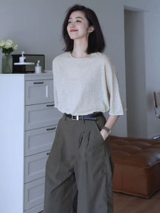 YUFUQING | Bộ đồ hai mảnh nữ mùa hè thiết kế tay ngắn quần ống rộng cạp cao màu xanh lá cây phong cách Hàn Quốc thời trang