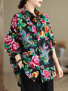 Northeast Long Sleeves Big Flower Shirt Womens Spring New Arrival New Chinese Ethnic Style Popular Hot-Selling Product Fancy Shirt This Year