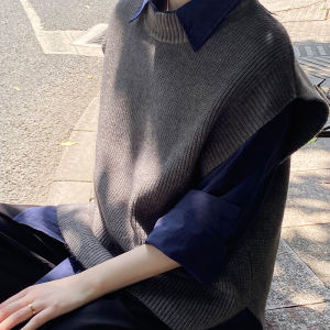Japanese Style Knitted Vest Top Womens Spring Autumn 2024 New Loose Fit Sweater Shirt Sleeveless Crewneck Acrylic Blend Fabric