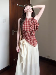 Korean Style Irregular Halter Neck Strap Set Womens Summer New Plaid Vest Top Beige Mini Skirt Two Piece Set Fashionable Ensemble