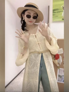 Elegant National Style Buckle Cut Out Crochet Long Thin Knitting Cardigan Female Summer and Autumn Blouse Coat Tops Loose Easiest for Match