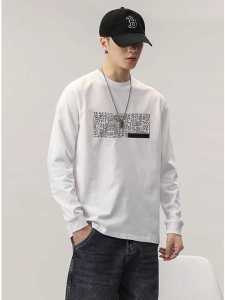 Trendy Cotton Long Sleeve round Neck Mens T-shirt Spring Autumn New Style Loose Fit Breathable Comfortable American Casual Style