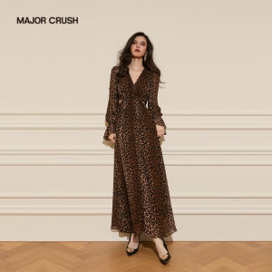 French Leopard Print Cutout Waist Elegant Maxi Dress