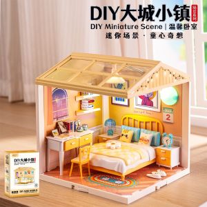 JIAERLE TOYS Small Town in Big City DIY Fun Miniature Scene with LED Light | Mini Bedroom (96 Pieces)