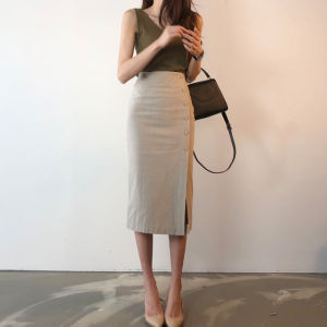 PIAOYA | Womens High-Waist Flared Hem Midi Skirt Cotton Linen