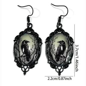 Gothic Luminous Bat Crow Glass Dangle Earrings Vintage Black Metal Drop Jewelry For Women Halloween Party Accessory