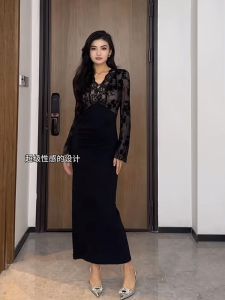 ชุดเดรสยาวแขนยาวคอวีลูกไม้เซ็กซี่สำหรับผู้หญิง ชุดราตรีสีดำ ชุดราตรีฤดูใบไม้ร่วง/ฤดูหนาว ชุดเดรสยาวปานกลาง ชุดเดรสยาวปานกลาง