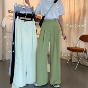 Women Korean Loose Long Wide Leg Pants High Waist Plain Suit Trousers