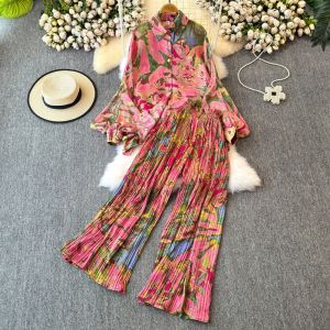 Bộ Đồ Hai Mảnh Thời Trang Cho Nữ Áo Sơ Mi in Họa Tiết Tay Đèn Lồng Rộng Rãi Quần Dài Xếp Ly Cạp Cao Mùa Xuân