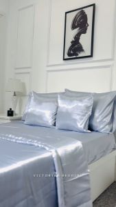 Bộ Chăn Ga Phi Lụa Victorias Bedding Màu Xám Ánh Xanh Chính Hãng Korea