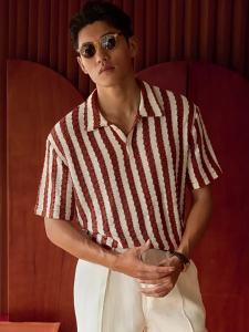 Vintage Red-Brown Stripe Perforated Buttoned Polo Shirt