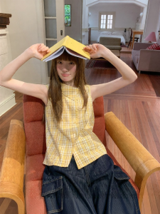 NIHAOKANONG | Áo Blouse Caro Không Cổ Không Tay Design Sense