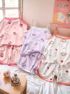 Summer Thin Two-Piece Baby Girl Vest Shorts Set Childrens Nightgown Home Clothes Korean Style Strap Suit Infant Sleepwear