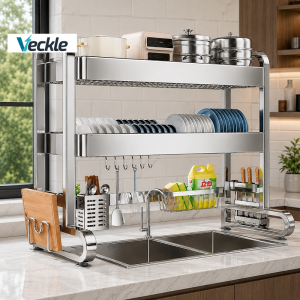 Veckle 1/2-Tier Stainless Steel Over Sink Dish Drying Rack | Kitchen Organizer with Utensil Holder