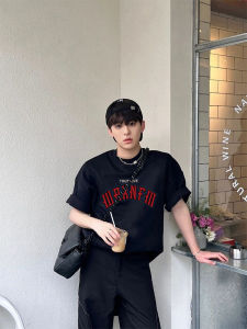 American Style Heavyweight Pure Cotton Letter Short Sleeve T-Shirt Men Summer New Fashion Brand Loose Small Collar Top