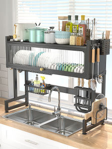 Kitchen Sink Storage Rack Countertop Dishware Multi-Function Dustproof with Door Dish Plate Drain Rack Kitchen Storage Shelf