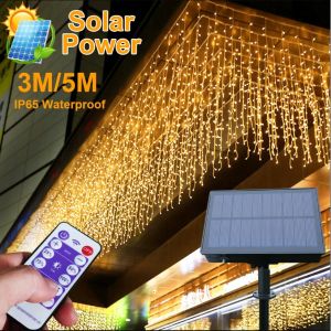 LED Solar Light Christmas Fairy Lights Outdoor Lamp Waterproof String Lights Holiday Wall Garden Party Outdoor Decoration Icicle Curtain Lights