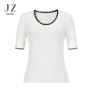 Ankao Wool Knitwear Short Sleeve round Neck Lace Trim Color Block Spring Womens Fashion Slim Fit Comfortable Breathable Sweater