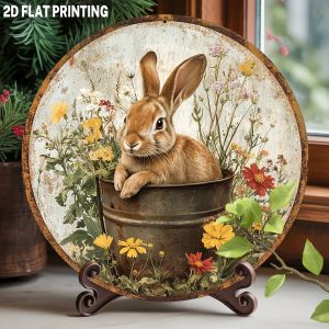 Retro Bunny Bucket Metal Sign Easter Round Wall Art for Spring Garden Decor Cute Aluminum Hanging Plaque for Living Room Bedro