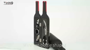 TERPE Black Wine Bottles Set with Accessories Including Corkscrew Stopper and Eiffel Tower Figurine