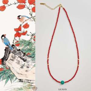 Original Natural Liunian ChuanJuan Red South Silk New Chinese Style Sweater Necklace Turquoise Pendant Clavicle Chain Full Color