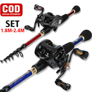 Sougayilang 1.8m 2.1m 2.4m Set Tongkat & Gulungan Pancing Batang Pengecoran Teleskopik Portabel Pancing Serat Karbon Gulungan Pancing Reel Pancing 18 + 1 BB Rasio Gir 7.2:1 3 Warna Reel Pancing Set