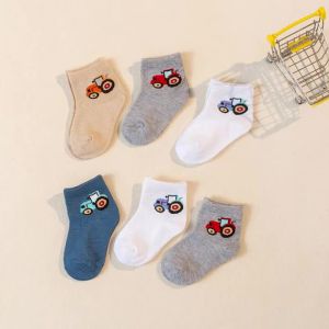 6 Pairs Cartoon Tractor Pattern Children Socks Skin-friendly Comfortable Anti-slip Mid Calf Socks All Season Wear for Baby Boys
