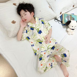 Boys Ice Silk Sleepwear Summer Thin Short Sleeve Set Cool Feeling Air Conditioning Home Clothes Cartoon Pattern Casual Suit