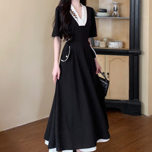 Summer French Design Sense Color Block Embroidery Belted Slimming Hepburn Little Black Dress Womens plus Size Dress V-neck A-line Skirt