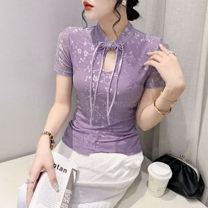 YIMEI เสื้อยืดผู้หญิงพิมพ์ลายพรีเมี่ยม2023คอตั้งสไตล์ย้อนยุคมีกระดุมติดปกเสื้อยืดผ้าตาข่ายฤดูร้อน